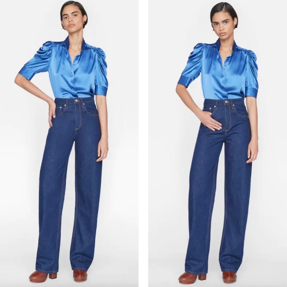 NWT💝FRAME Gillian Silk Collared Puff-Sleeve Top in Slate Blue Size S - Picture 16 of 16